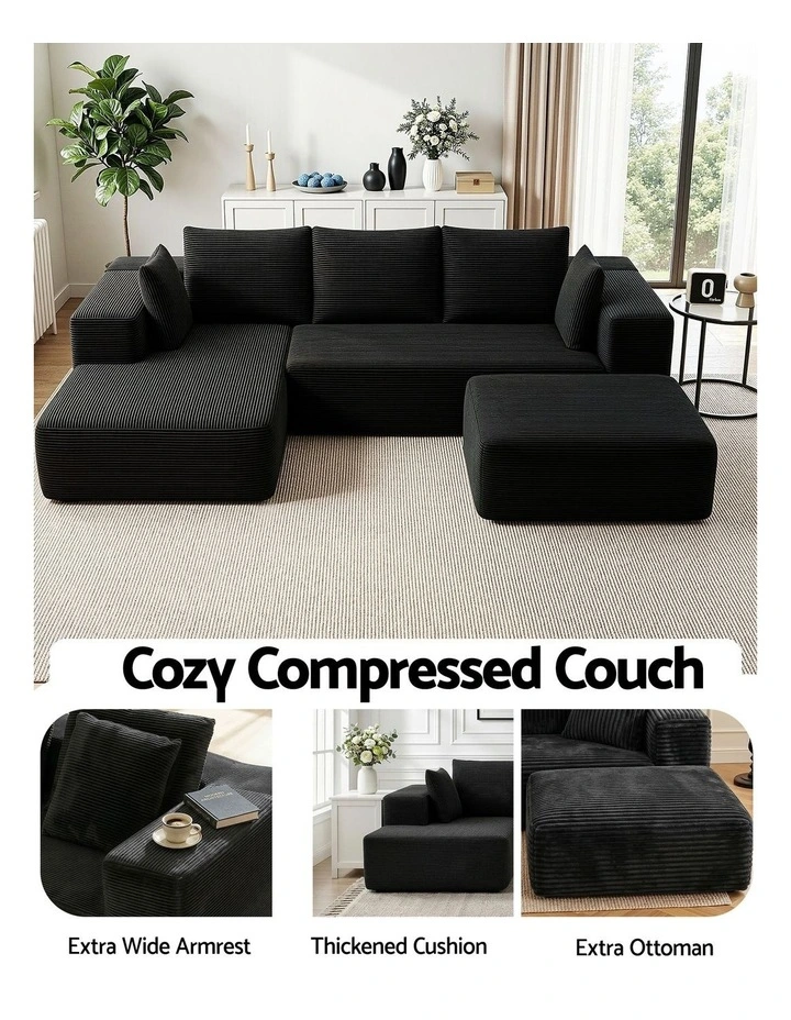 Artiss Modular Sofa Bed with Ottoman Corduroy Sectional Compressed Black image 7