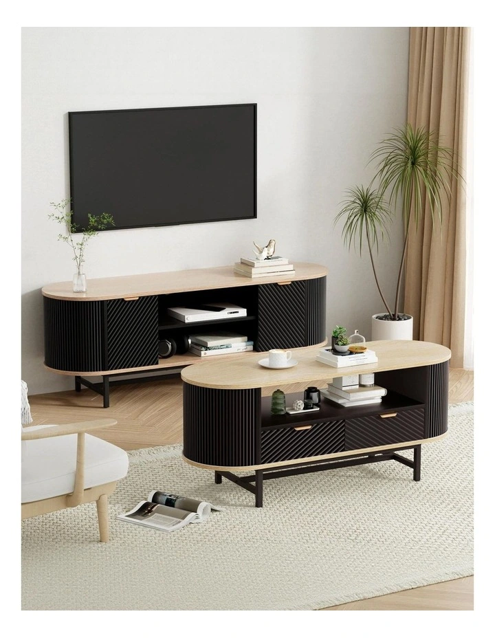 Artiss TV Unit & Coffee Table Set Storage Drawers Shelves Black Pine image 4