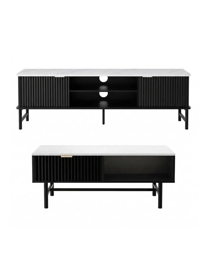Artiss TV Unit & Coffee Table Set Storage Shelf Black image 3
