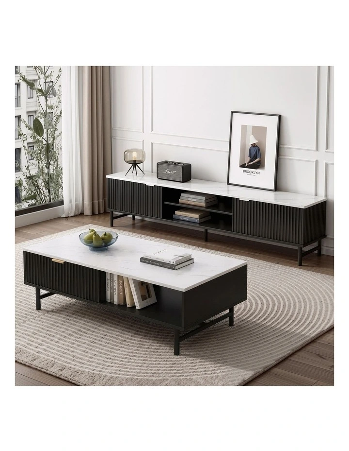Artiss TV Unit & Coffee Table Set Storage Shelf Black image 4