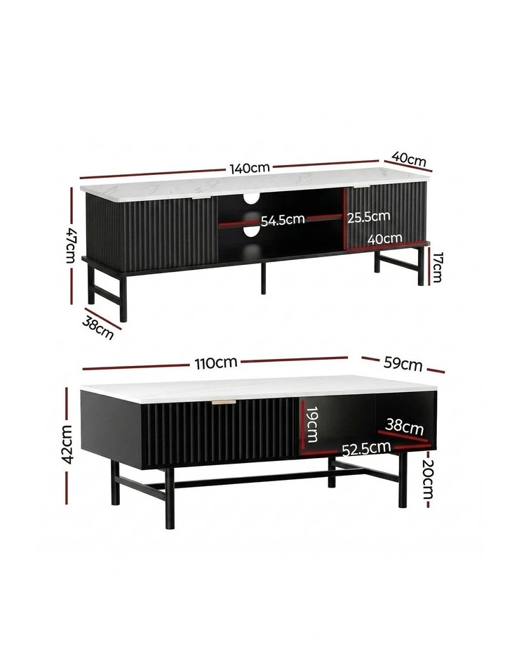 Artiss TV Unit & Coffee Table Set Storage Shelf Black image 5