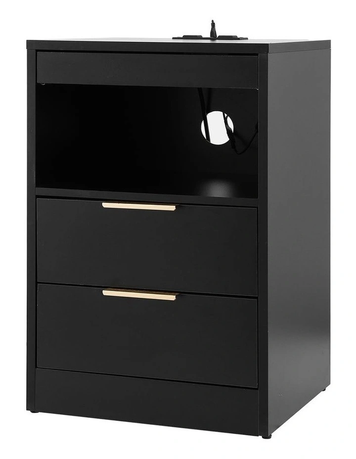 Artiss Bedside Table LED Nightstand Charging Station 2 Drawers - Black image 1