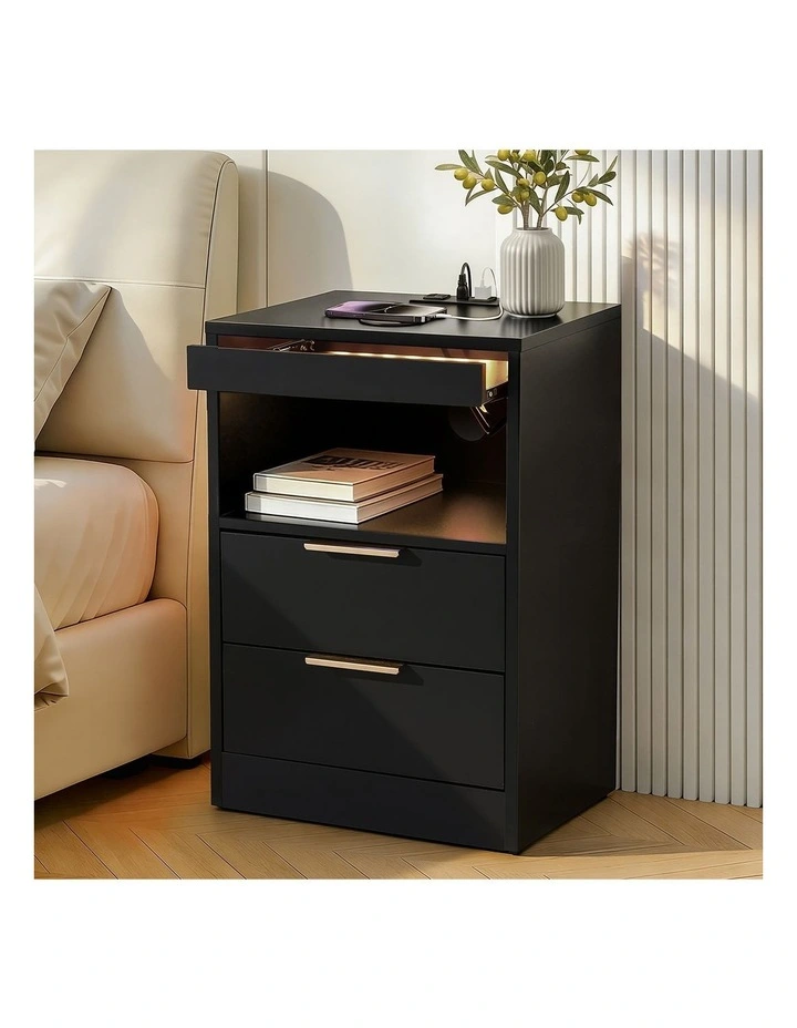 Artiss Bedside Table LED Nightstand Charging Station 2 Drawers - Black image 4