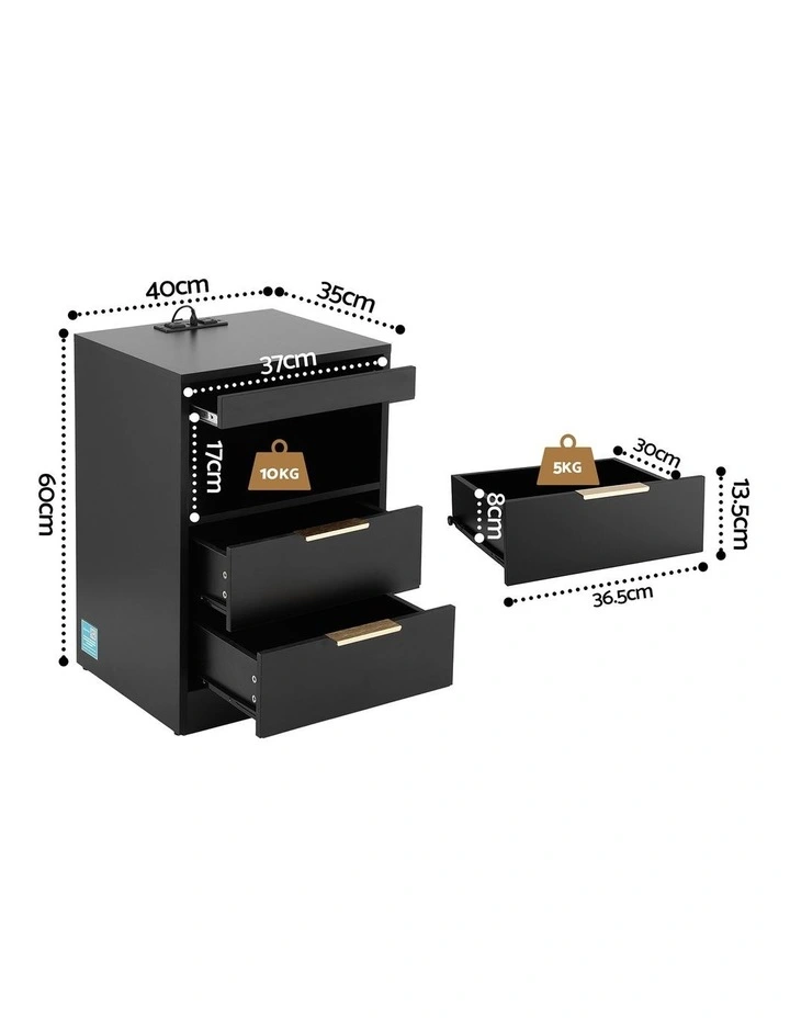 Artiss Bedside Table LED Nightstand Charging Station 2 Drawers - Black image 5