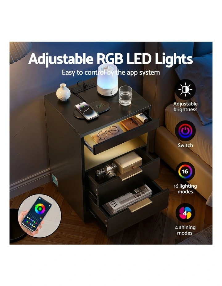 Artiss Bedside Table LED Nightstand Charging Station 2 Drawers - Black image 6