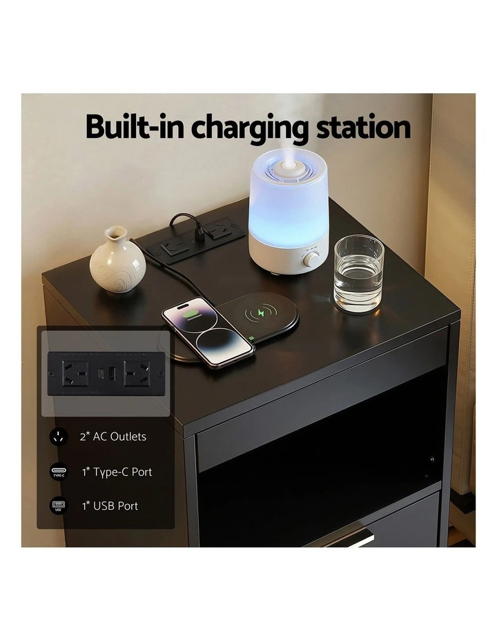 Artiss Bedside Table LED Nightstand Charging Station 2 Drawers - Black image 7