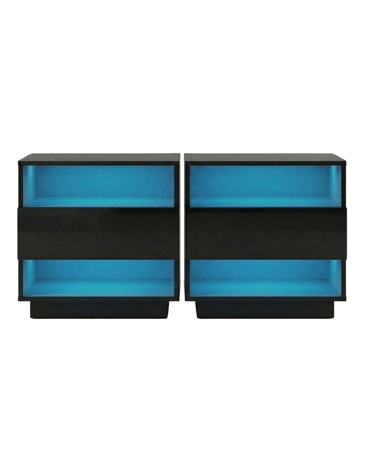Artiss 2x Bedside Table LED with 2 Shelves - HANA Black image 2