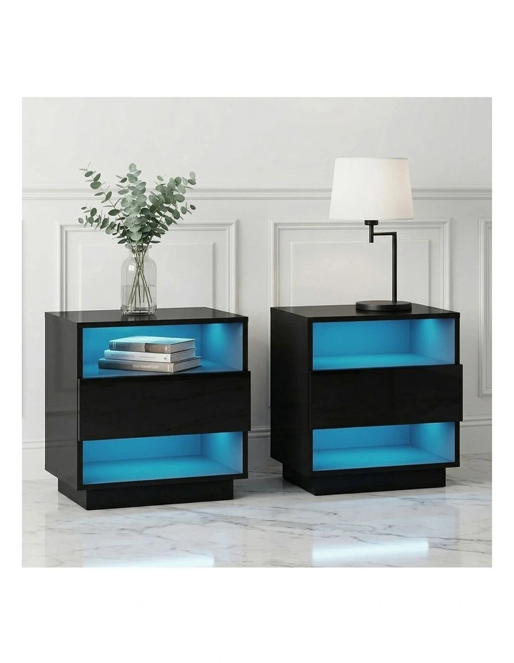 Artiss 2x Bedside Table LED with 2 Shelves - HANA Black image 3