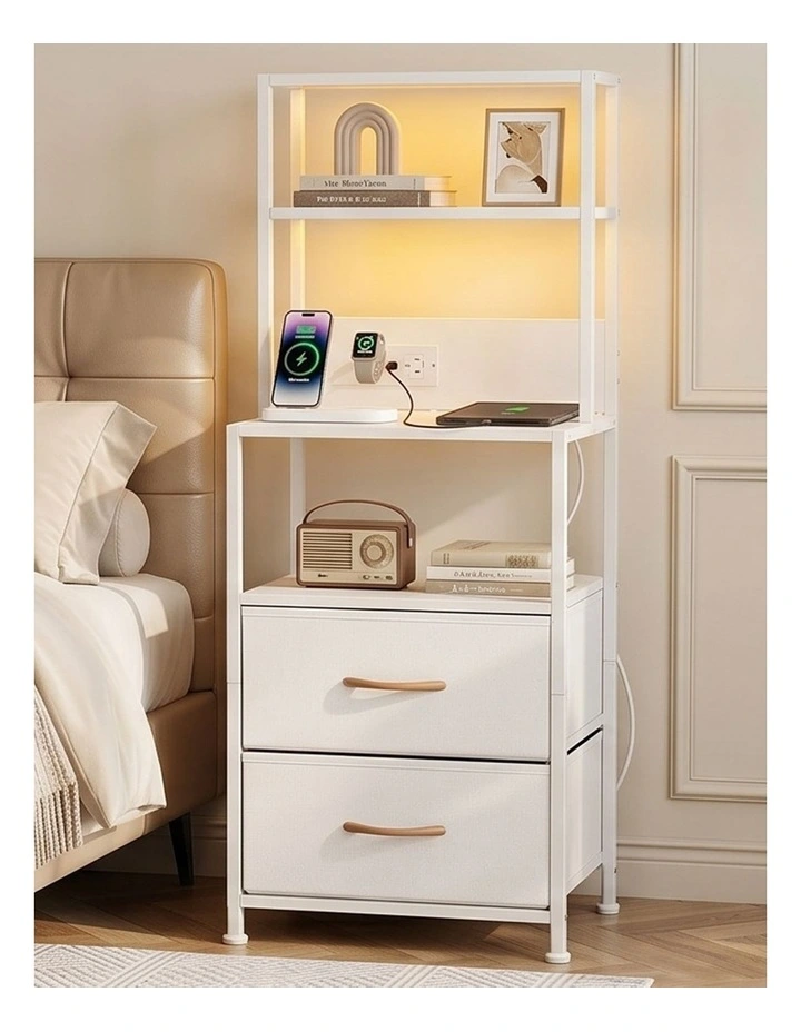 Artiss Bedside Table Tall Nightstand with Charging Station Drawers LED White image 4