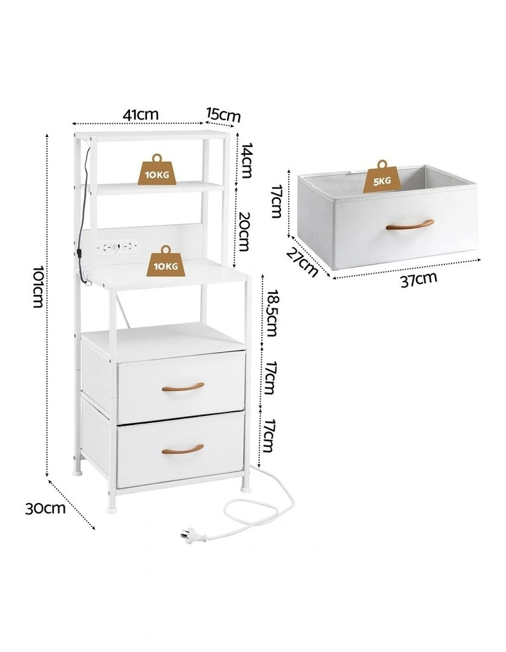 Artiss Bedside Table Tall Nightstand with Charging Station Drawers LED White image 5