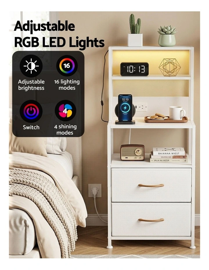 Artiss Bedside Table Tall Nightstand with Charging Station Drawers LED White image 6