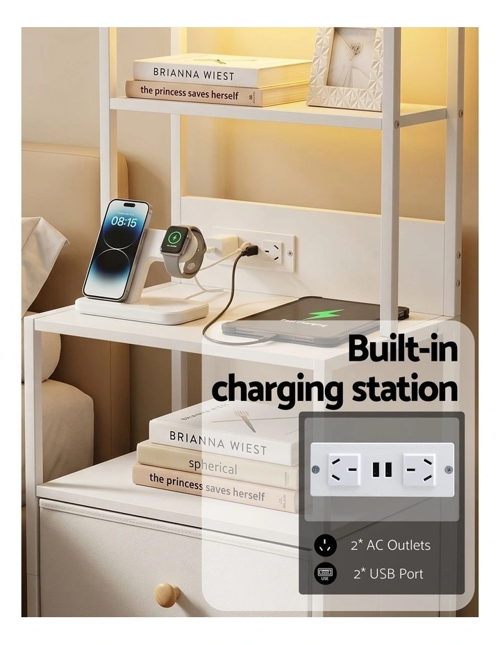 Artiss Bedside Table Tall Nightstand with Charging Station Drawers LED White image 7