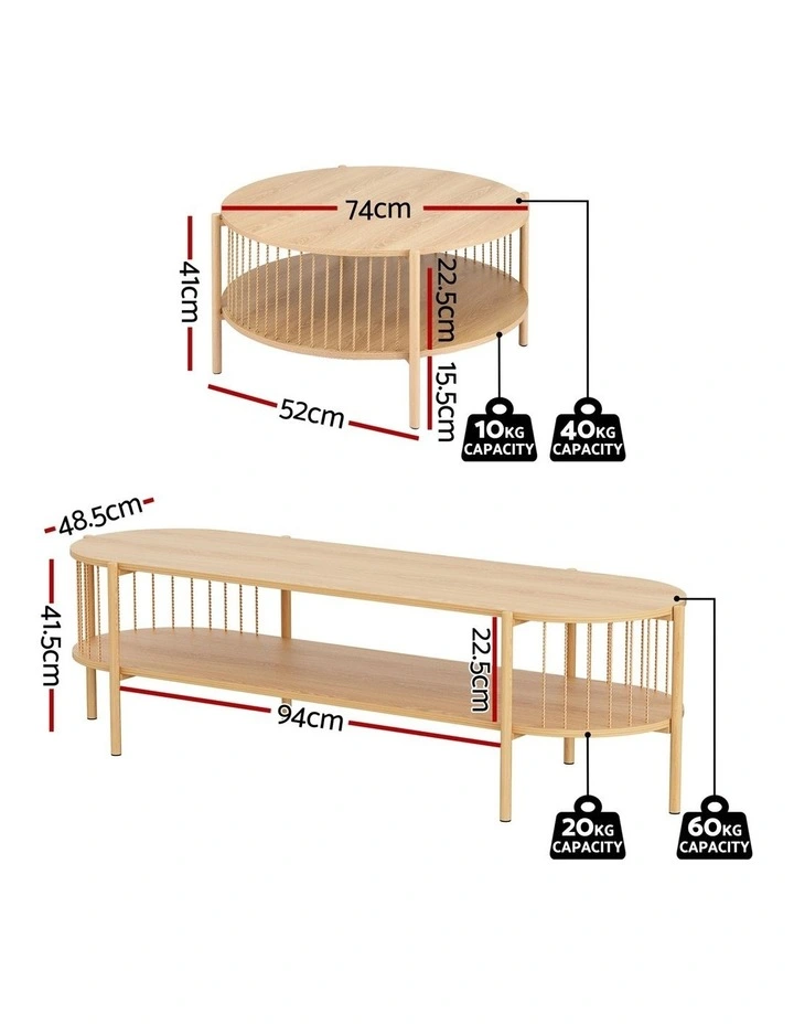 Artiss TV Unit & Coffee Table Set Storage Shelf Pine image 5