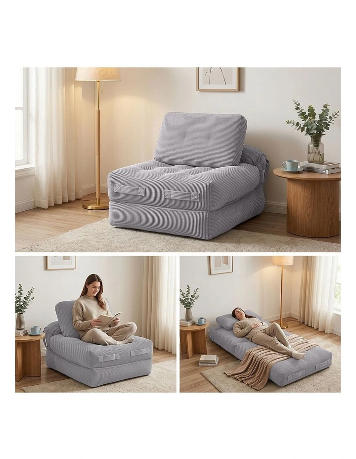 Artiss 1 Seater Corduroy Convertible Sofa Bed Pull Out Boneless Couch Grey image 3
