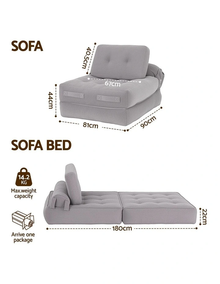 Artiss 1 Seater Corduroy Convertible Sofa Bed Pull Out Boneless Couch Grey image 4