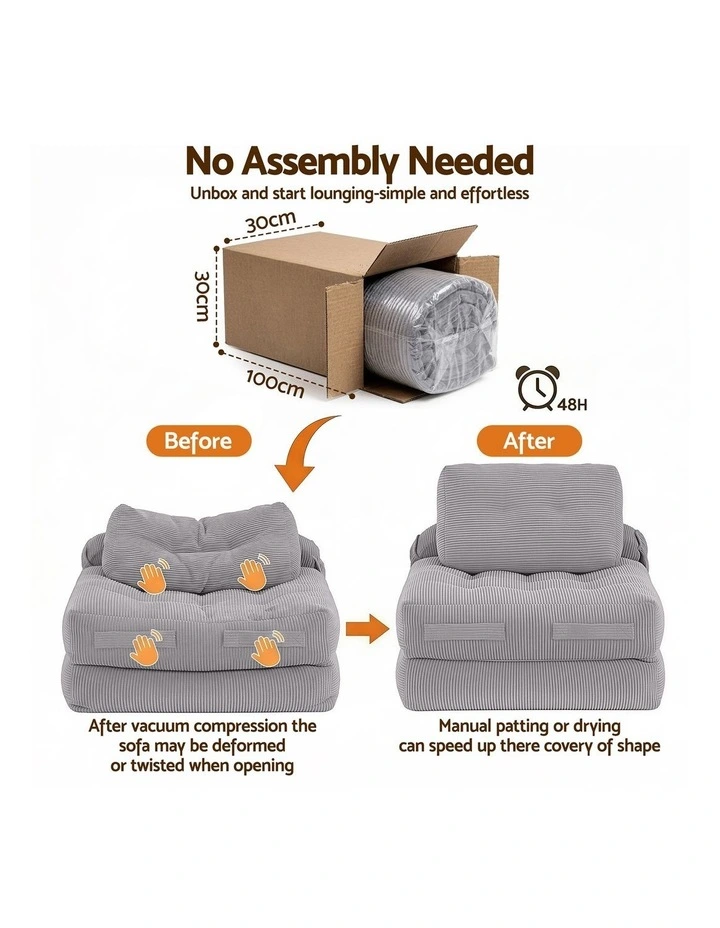 Artiss 1 Seater Corduroy Convertible Sofa Bed Pull Out Boneless Couch Grey image 5