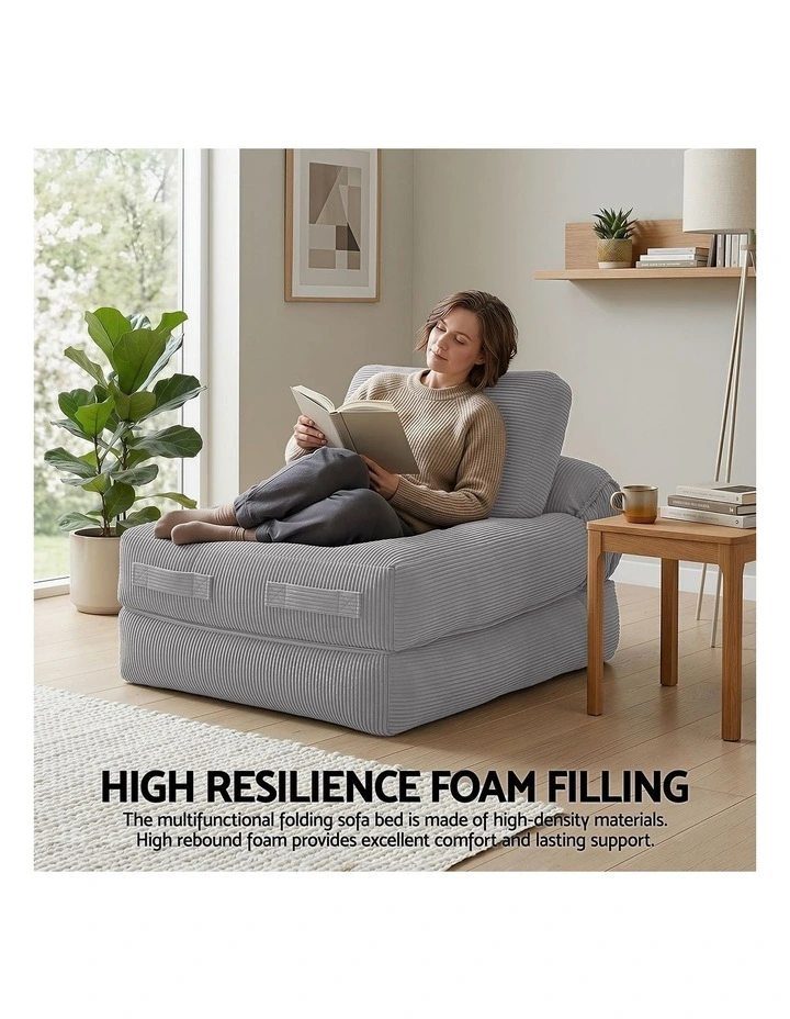 Artiss 1 Seater Corduroy Convertible Sofa Bed Pull Out Boneless Couch Grey image 6