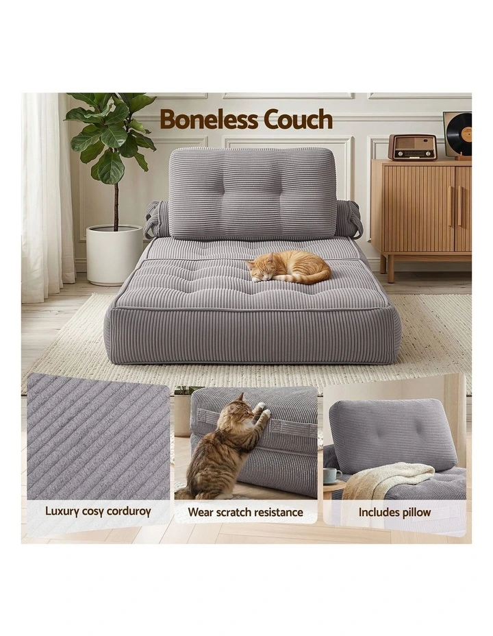 Artiss 1 Seater Corduroy Convertible Sofa Bed Pull Out Boneless Couch Grey image 7