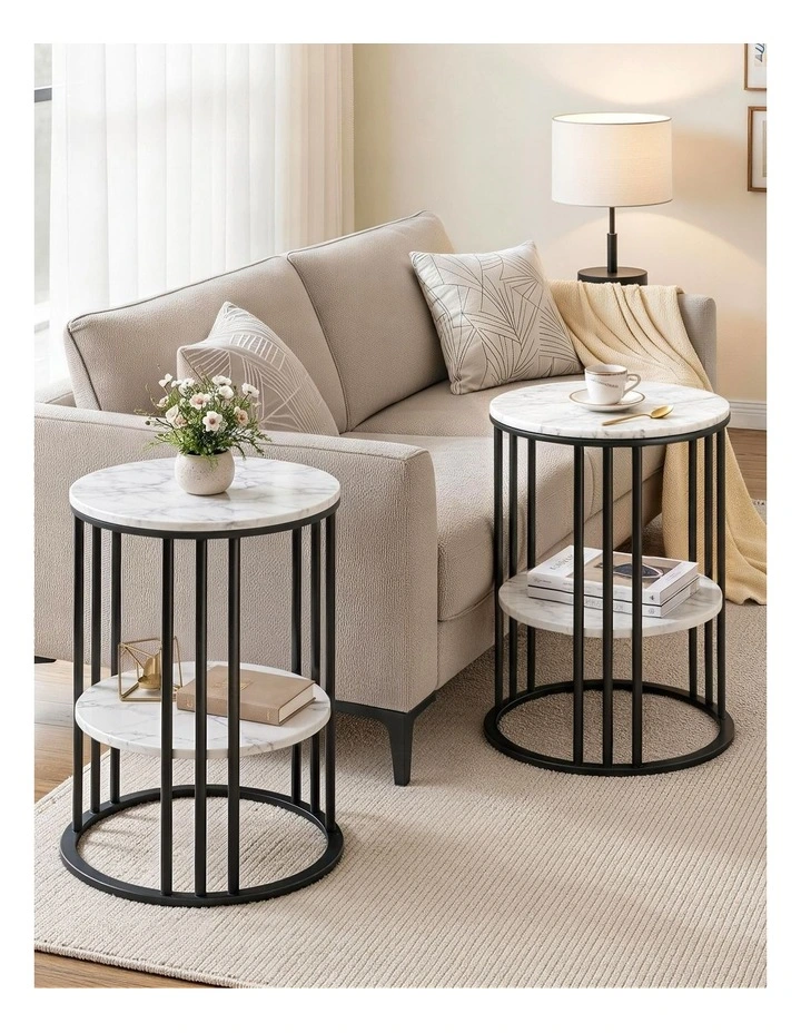 Artiss Set of 2 Side Table Coffee Table 2-Tier Round Marble Effect image 3