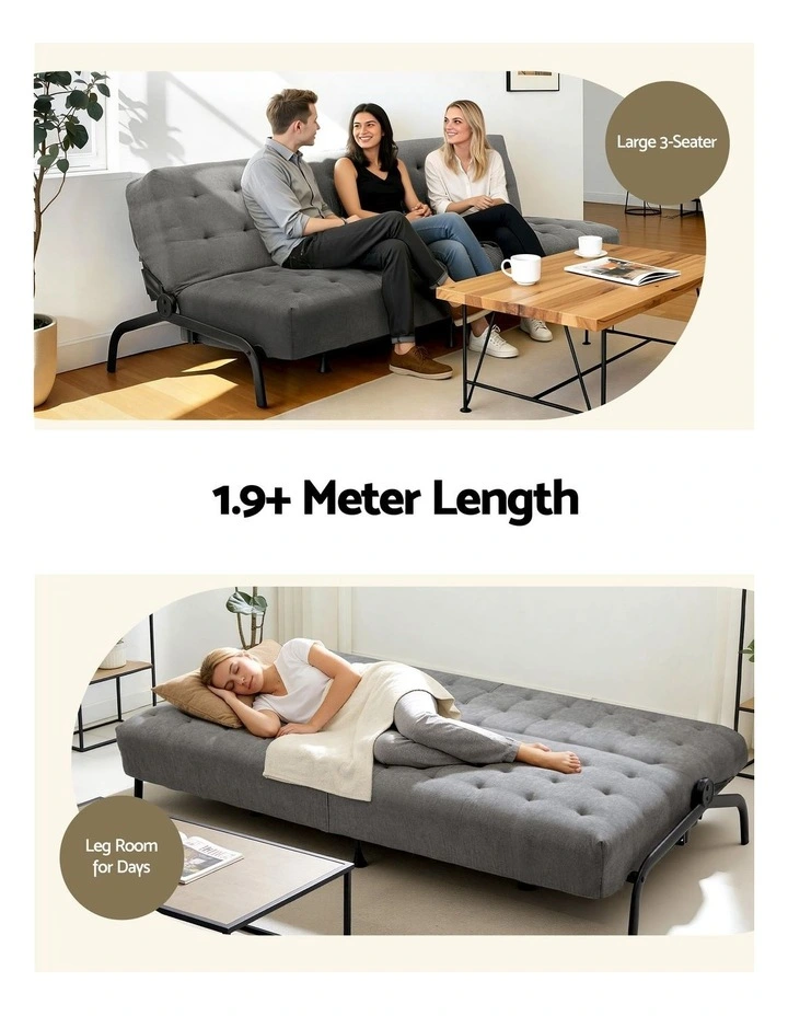 Artiss 1.9m 3-Seater Sofa Bed Innerspring Adjustable Couch Grey image 5