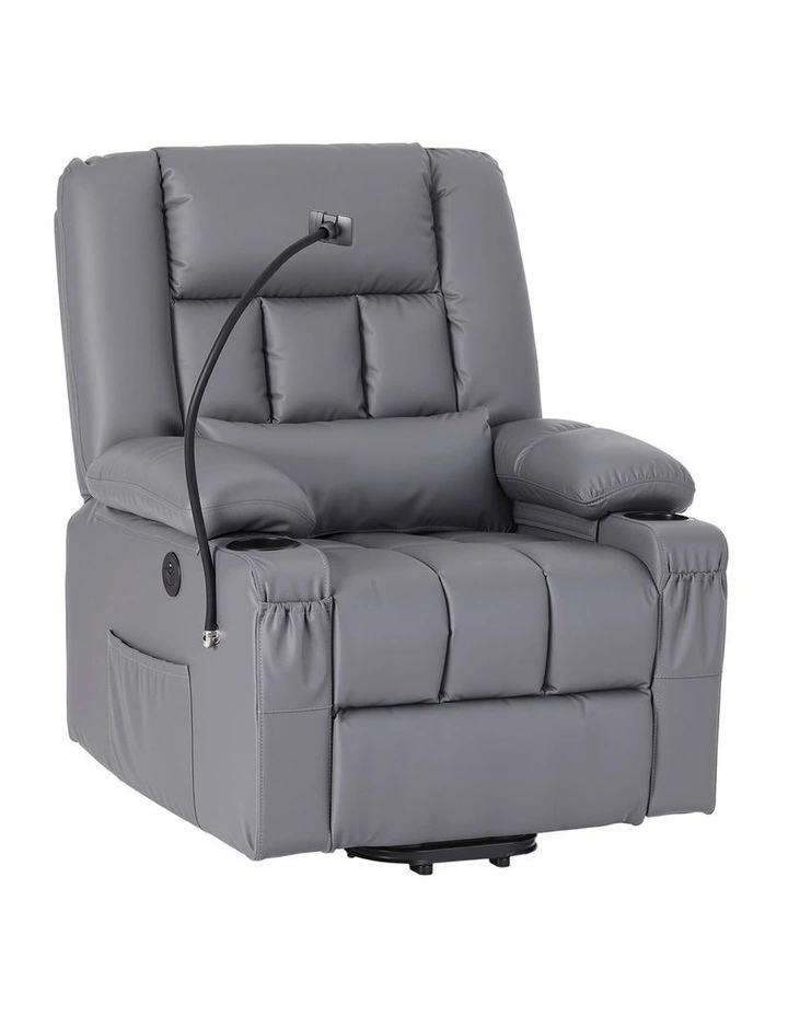 Artiss PU Leather Power Lift Recliner Chair, Massage Heat USB, Cup Holders & Storage Pockets Grey image 1