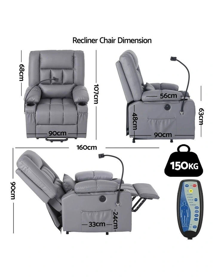 Artiss PU Leather Power Lift Recliner Chair, Massage Heat USB, Cup Holders & Storage Pockets Grey image 2