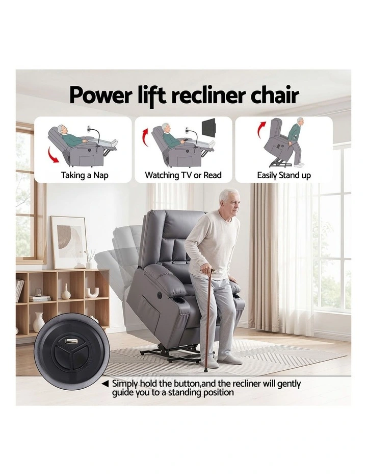 Artiss PU Leather Power Lift Recliner Chair, Massage Heat USB, Cup Holders & Storage Pockets Grey image 4