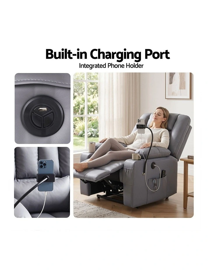 Artiss PU Leather Power Lift Recliner Chair, Massage Heat USB, Cup Holders & Storage Pockets Grey image 5