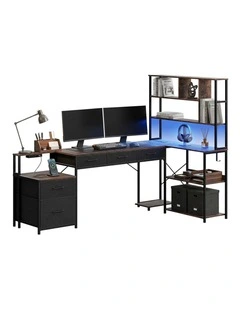 Artiss 200cm L Shaped Gaming Desk Computer Desk with LED Lights & Power Outlets