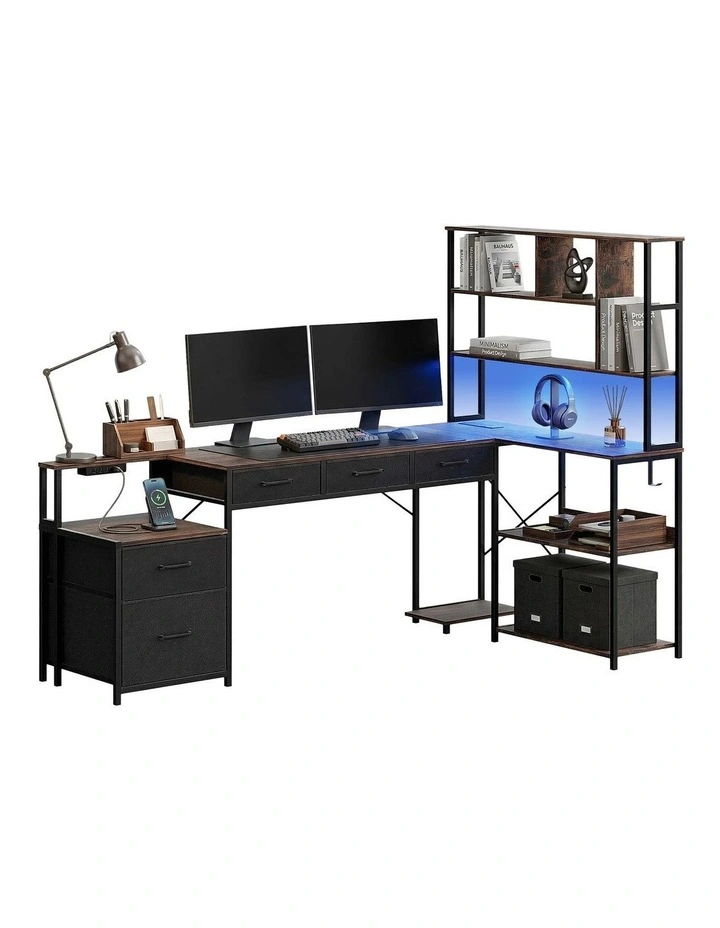 Artiss 200cm L Shaped Gaming Desk Computer Desk with LED Lights & Power Outlets image 1