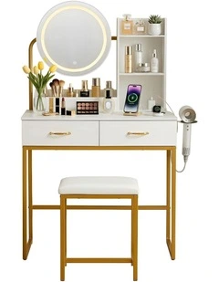 Artiss Dressing Table Vanity Desk Set Stool LED Charging Station White
