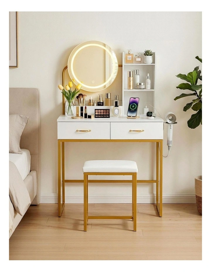Artiss Dressing Table Vanity Desk Set Stool LED Charging Station White image 4