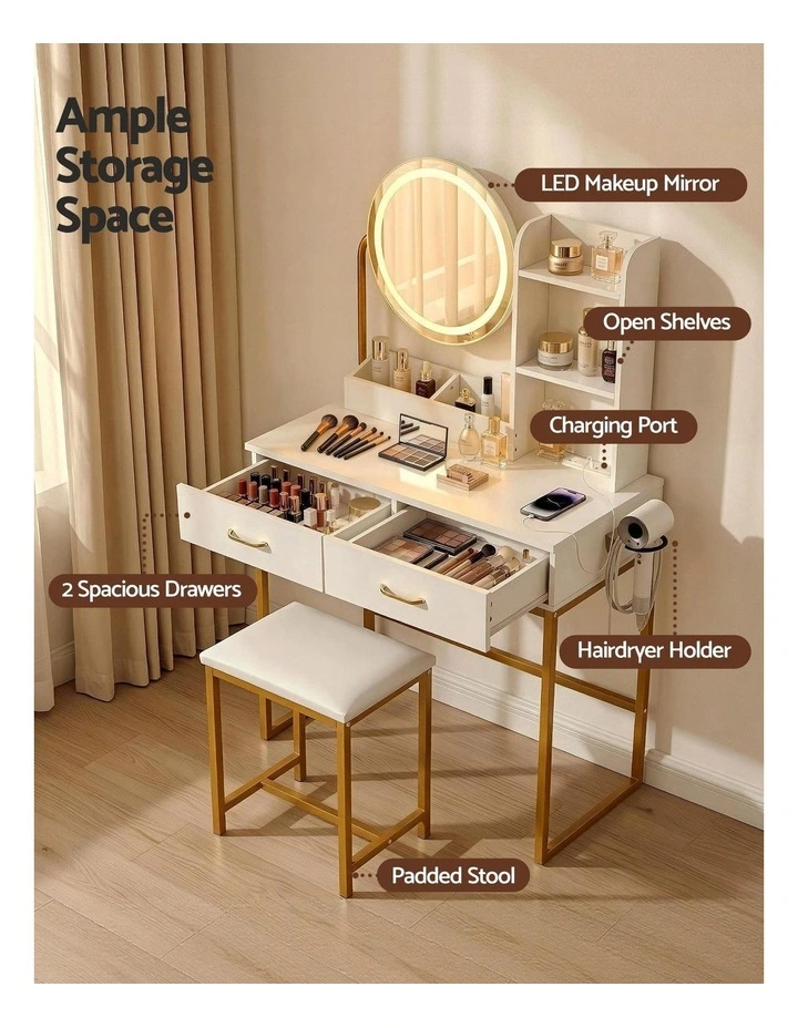 Artiss Dressing Table Vanity Desk Set Stool LED Charging Station White image 7