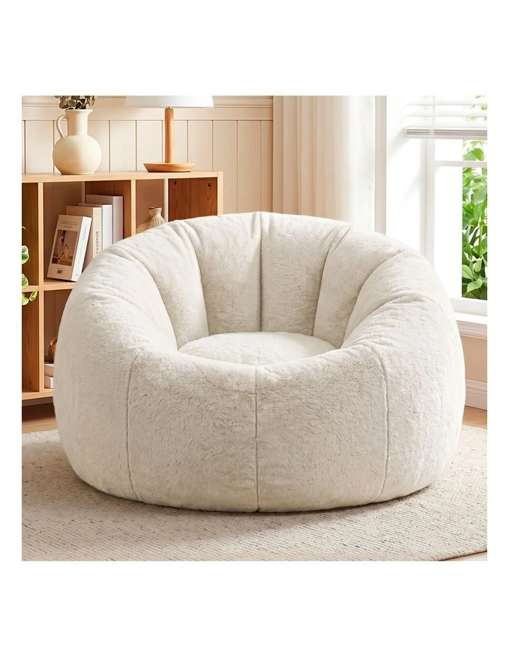 Artiss Large Round Faux Fur Bean Bag Chair Cover No Filler Washable Beige image 3