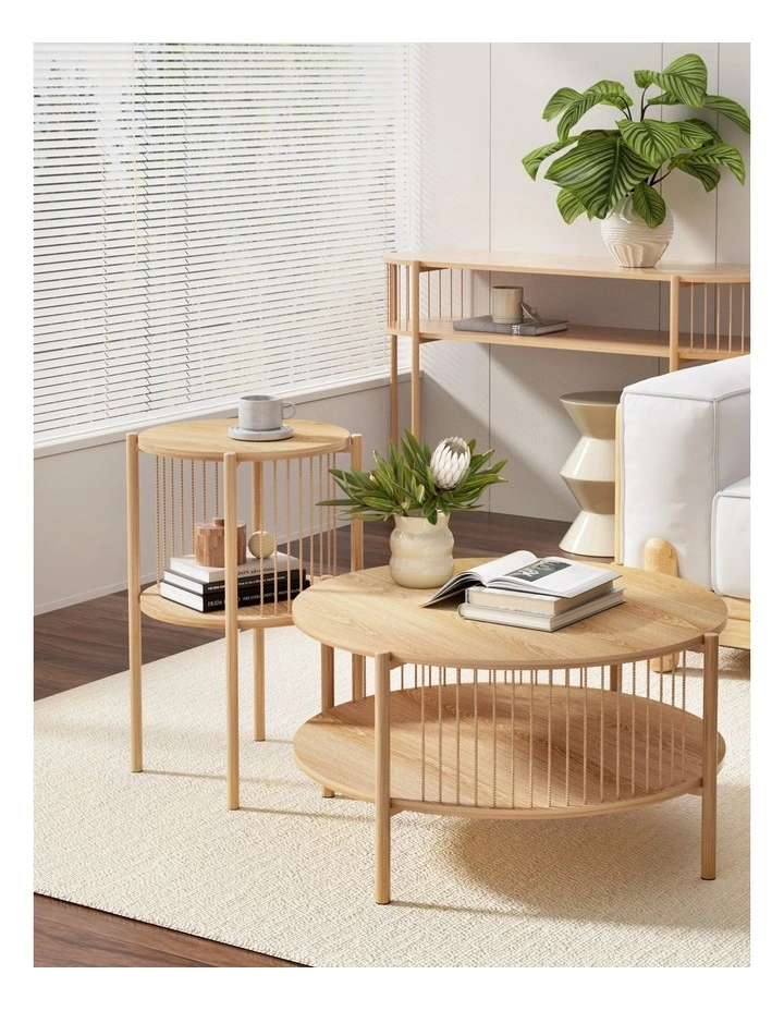 Artiss Set of 2 End Tables Coffee Table 2-Tier Round Wood image 7