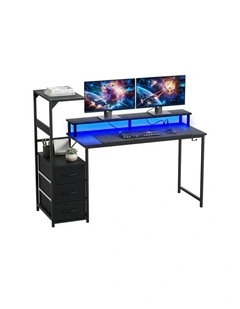 Artiss 145cm L Shaped Gaming Desk Computer Desk with LED Lights & Power Outlets