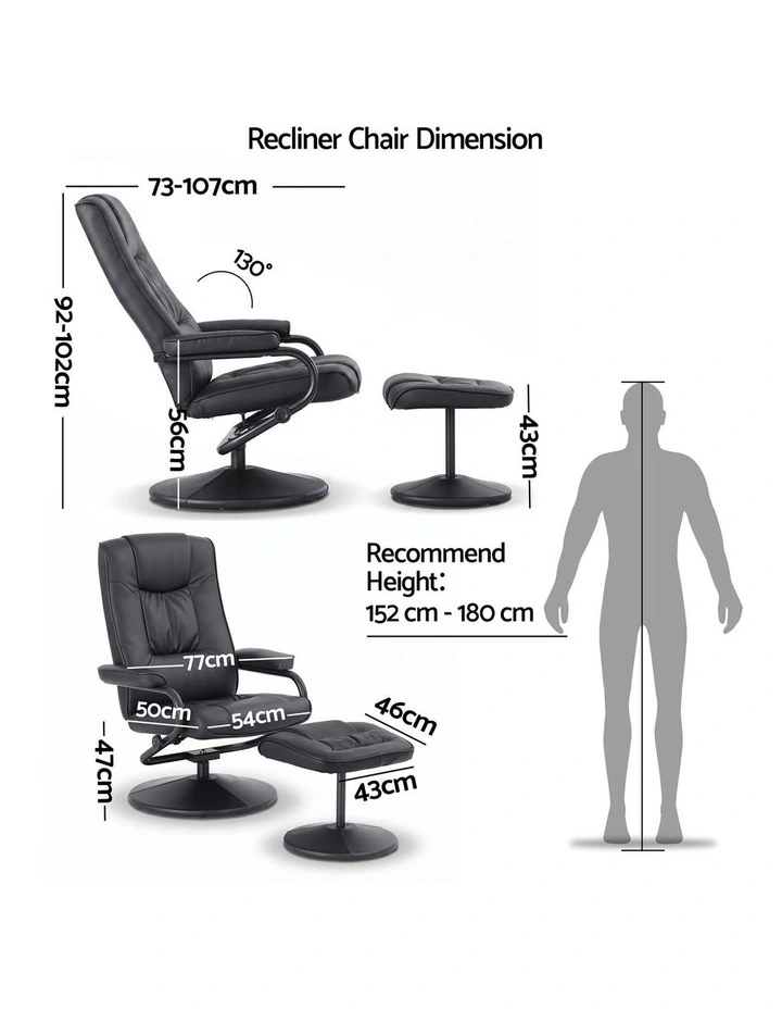 Artiss Recliner with Ottoman 360-Degree Swivel Recliner Chair and Ottoman Set PU Leather Black image 2