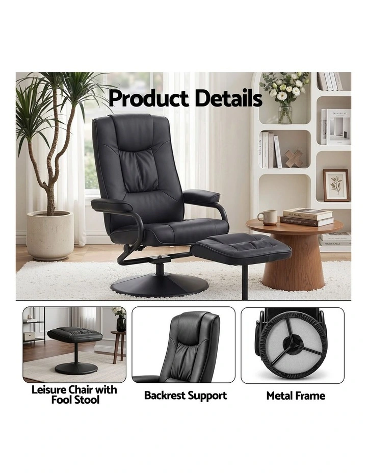 Artiss Recliner with Ottoman 360-Degree Swivel Recliner Chair and Ottoman Set PU Leather Black image 5