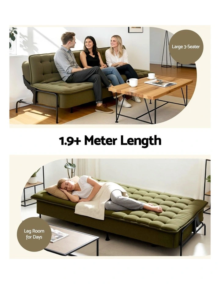 Artiss 1.9m 3-Seater Sofa Bed Innerspring Adjustable Couch Green image 5
