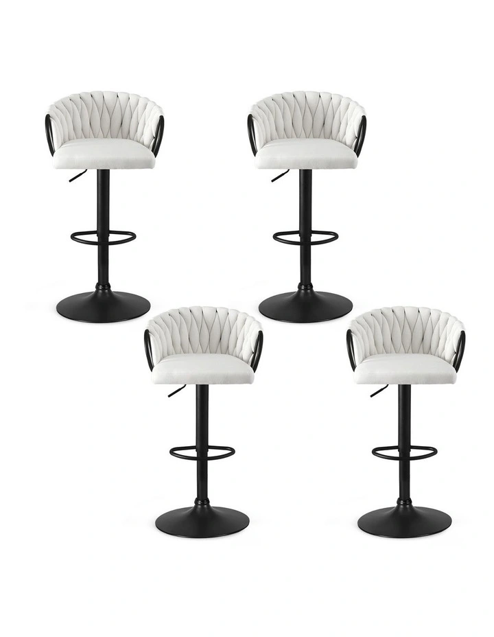 Artiss Bar Stool x4 Kitchen Dining Chair Counter Gaslift Woven Velvet Ivory image 2