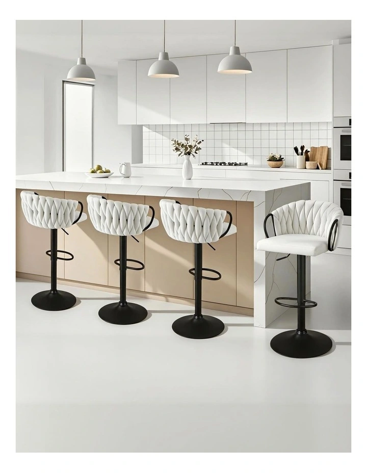 Artiss Bar Stool x4 Kitchen Dining Chair Counter Gaslift Woven Velvet Ivory image 3