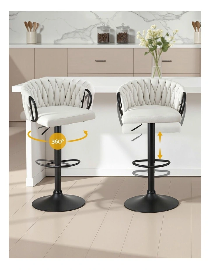 Artiss Bar Stool x4 Kitchen Dining Chair Counter Gaslift Woven Velvet Ivory image 5
