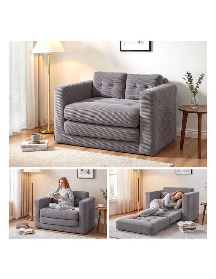 Artiss 2 Seater Corduroy Convertible Sofa Bed Pull Out Boneless Couch Grey image 3