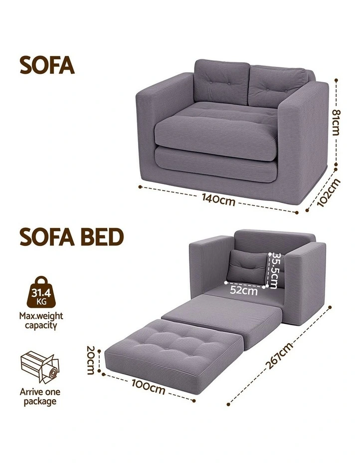 Artiss 2 Seater Corduroy Convertible Sofa Bed Pull Out Boneless Couch Grey image 4