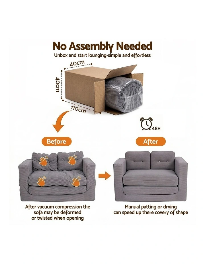 Artiss 2 Seater Corduroy Convertible Sofa Bed Pull Out Boneless Couch Grey image 5