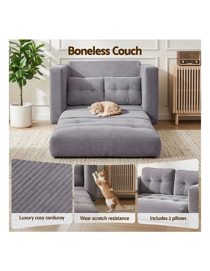 Artiss 2 Seater Corduroy Convertible Sofa Bed Pull Out Boneless Couch Grey image 7