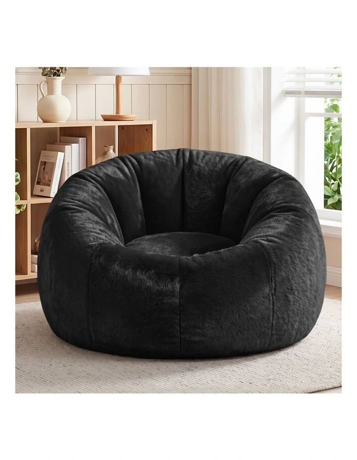 Artiss Large Round Faux Fur Bean Bag Chair Cover No Filler Washable Black image 3
