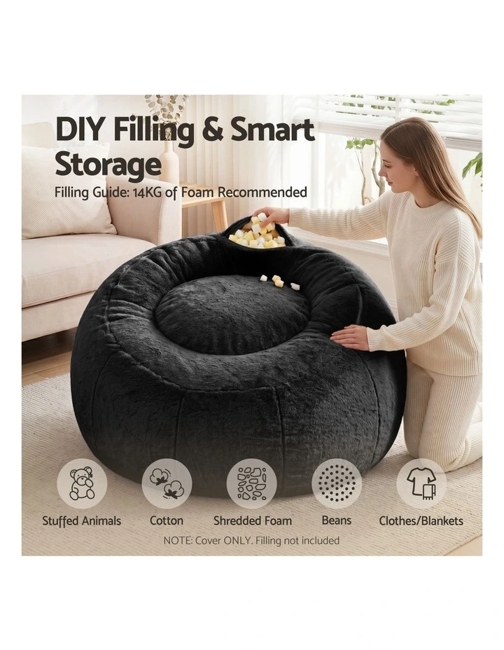 Artiss Large Round Faux Fur Bean Bag Chair Cover No Filler Washable Black image 6