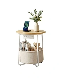 Artiss Round Coffee Table Side End Table Charging Station Storage Basket