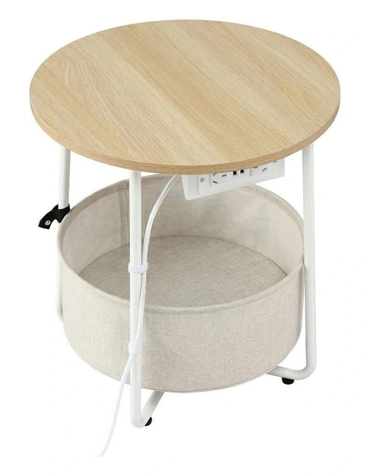 Artiss Round Coffee Table Side End Table Charging Station Storage Basket image 2